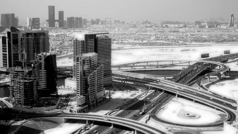 Infrared timelapse of Dubai highway interchange and skyscrapers Stock Footage 345178751