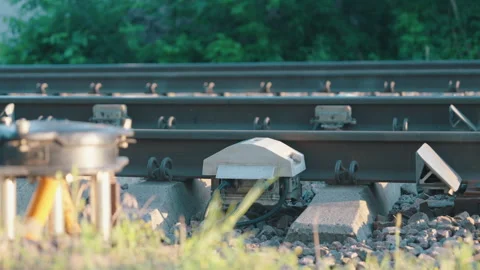 Infrared Train Brake Temperature Sensor Mounted on Railway Track | Slow Motion Stock Footage 337198479