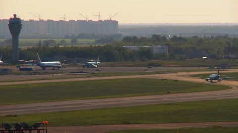 Infrastructure of the airport with dispatching tower, runways, technical vehicle Stock Footage 92206990