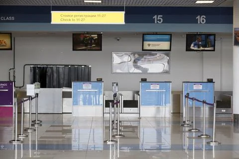 Infrastructure at the airport. Empty check-in counters in a small Russian air 스톡 사진