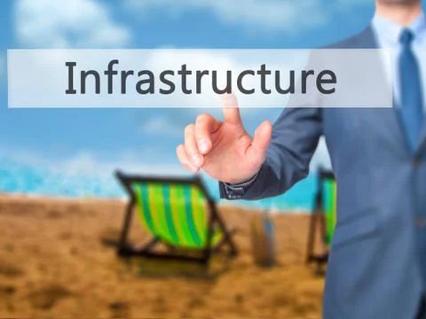 Infrastructure - Businessman hand pressing button on touch screen interface. Stock Photos