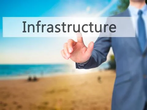 Infrastructure - Businessman hand pressing button on touch screen interface. Stock Photos
