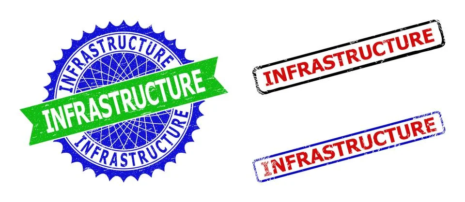 INFRASTRUCTURE Rosette and Rectangle Bicolor Stamps with Grunged Textures Stock Illustration