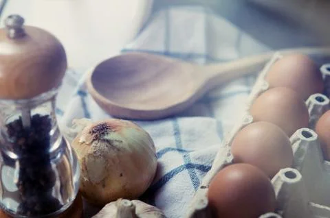 Ingredient in the kitchen with sunlight from the window. Stock Photos