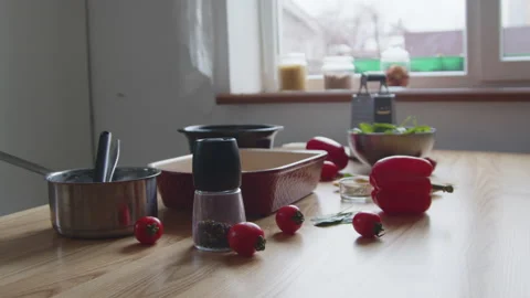 Ingredients and Kitchen Stuff Are Lying On Table Stock Footage 170439567