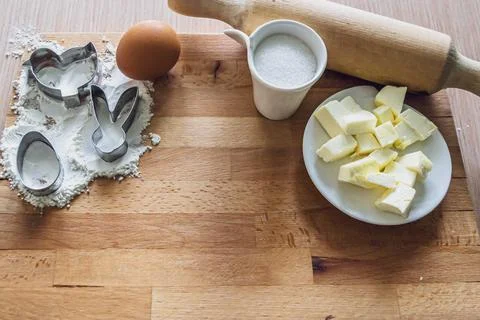Ingredients and more for the baking process at home. Making Easter cookies Stock Photos