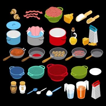 Ingredients and utensils set isometry. Grater and colander. Pan and saucepa.. Stockillustratie