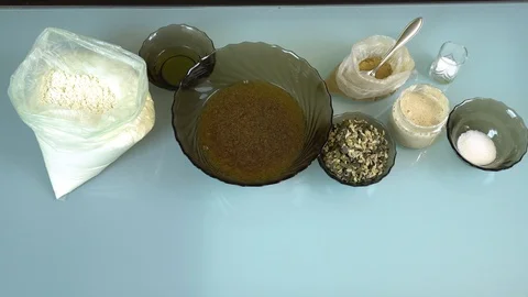 Ingredients assembly for flour dough. Stock Footage 99045256
