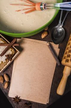 Ingredients for baking and blanked notepad for recipes Stock Photos