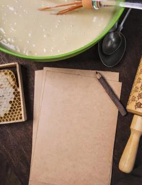 Ingredients for baking and blanked notepad for recipes Stock Photos