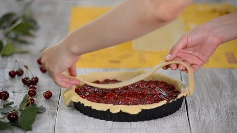 Ingredients for baking cake stuffed with fresh cherry pie. Female preparing Stock Footage 112326245