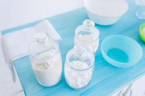 Ingredients for baking on a kitchen table Stock Photos