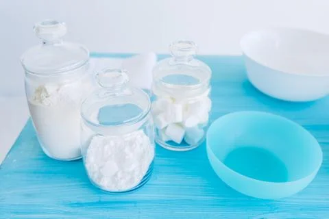 Ingredients for baking on a kitchen table Stock Photos