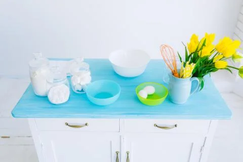 Ingredients for baking on a kitchen table Stock Photos