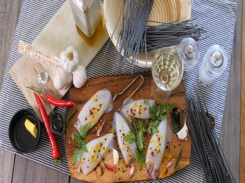 Ingredients for black pasta with squids (cuttlefish) and ink Stock Footage 76446485