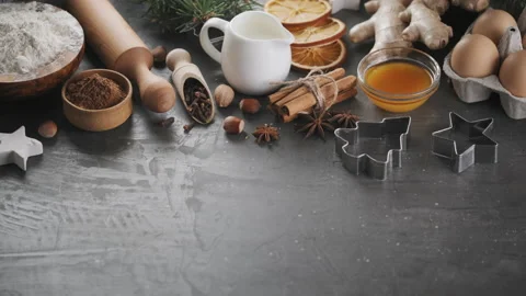 Ingredients for Christmas gingerbread on dark background. Slider shot. Stock Footage 145018043