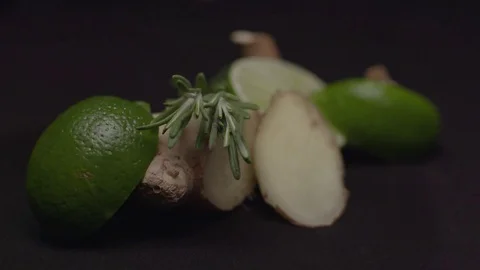 Ingredients comprising of lemon, ginger and rosemary herb Stock Footage 73687674