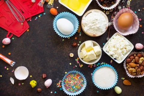 Ingredients for Easter baking - cottage cheese, nuts, eggs, flour, yeast. Stock Photos