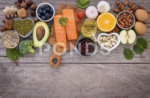 Ingredients for the healthy foods selection. The concept of healthy food set Stock-Fotos