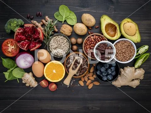 Ingredients for the healthy foods selection. The concept of healthy food set Stock-Fotos