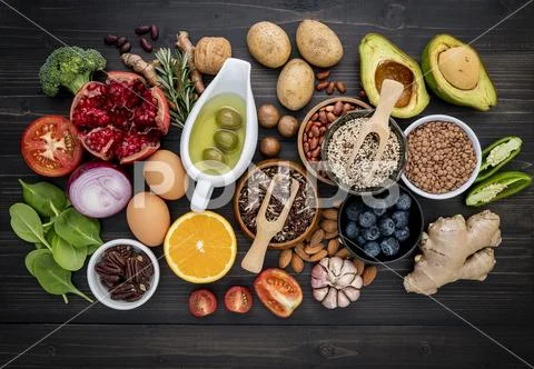 Ingredients for the healthy foods selection. The concept of healthy food set Stock-Fotos