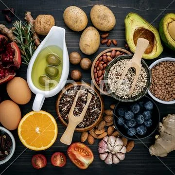 Ingredients for the healthy foods selection. The concept of healthy food set Stock-Fotos