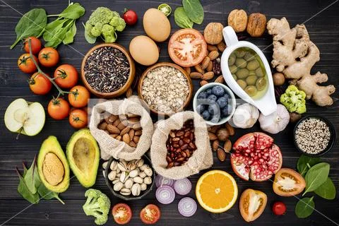 Ingredients for the healthy foods selection. The concept of healthy food set Stock-Fotos