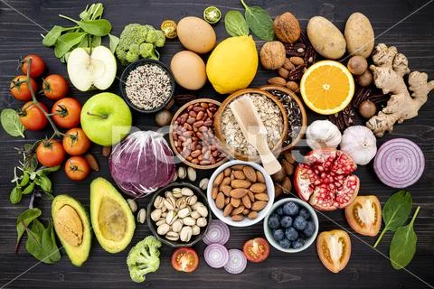 Ingredients for the healthy foods selection. The concept of healthy food set Stock-Fotos