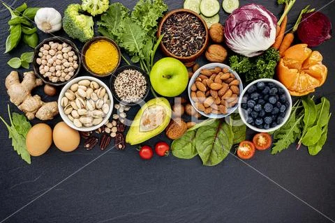 Ingredients for the healthy foods selection. The concept of healthy food set Stock-Fotos