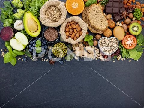 Ingredients for the healthy foods selection. The concept of healthy food set Stock-Fotos