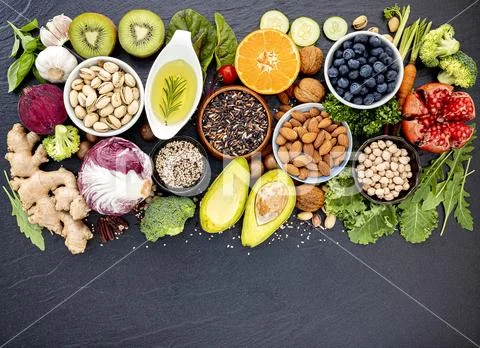 Ingredients for the healthy foods selection. The concept of healthy food set Stock-Fotos