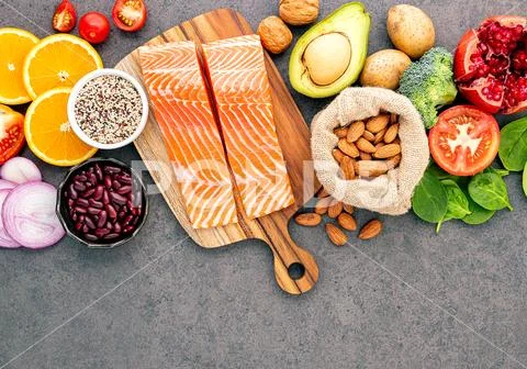 Ingredients for the healthy foods selection .The concept of healthy food set Stock-Fotos