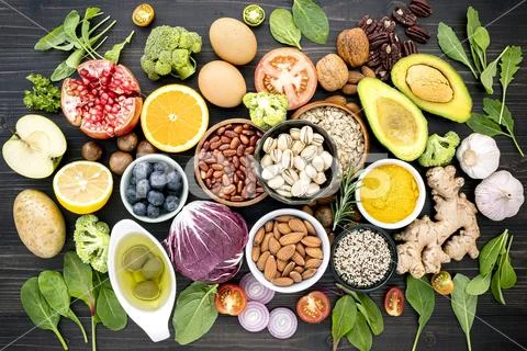 Ingredients for the healthy foods selection. The concept of healthy food set Stock-Fotos