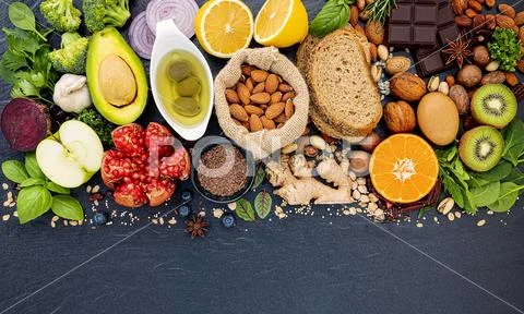 Ingredients for the healthy foods selection. The concept of healthy food set Stock-Fotos