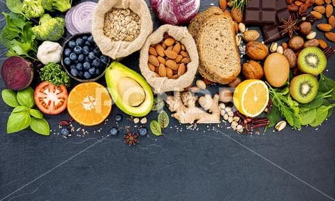 Ingredients for the healthy foods selection. The concept of healthy food set Stock-Fotos