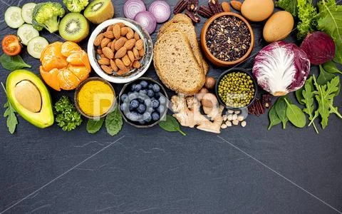 Ingredients for the healthy foods selection. The concept of healthy food set Stock-Fotos