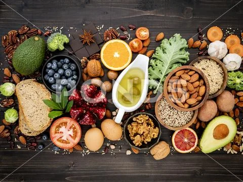 Ingredients for the healthy foods selection. The concept of healthy food set Stock-Fotos