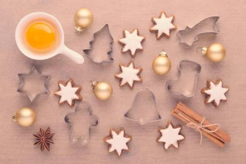 Ingredients with kitchen tools for dessert baking and star cookies on baking Stock Photos