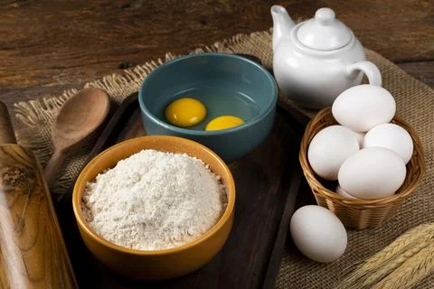 Ingredients for making a cake on the table. Stock Photos