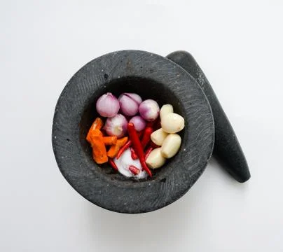 Ingredients  for making a chilli paste for Thai sour soup in mortar Stock Photos