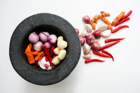 Ingredients for making chilli paste for Thai sour soup on a white background Stock Photos