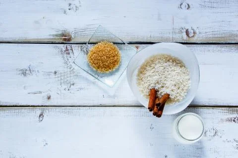 Ingredients for making rice pudding Stock Photos
