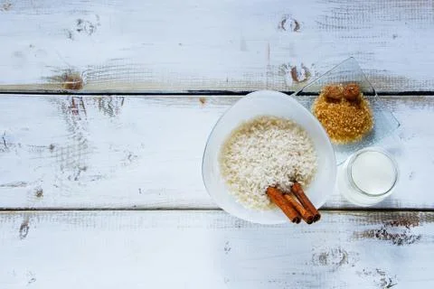 Ingredients for making rice pudding Stock Photos