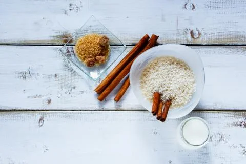 Ingredients for making rice pudding Stock Photos