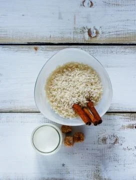Ingredients for making rice pudding Stock Photos
