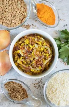 Ingredients for the Middle Eastern dish mujadara on light background top veew Stock Photos