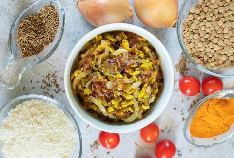 Ingredients for the Middle Eastern dish mujadara top veew gorizontal Stock Photos