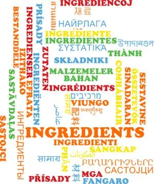 Ingredients multilanguage wordcloud background concept Illustrazione stock