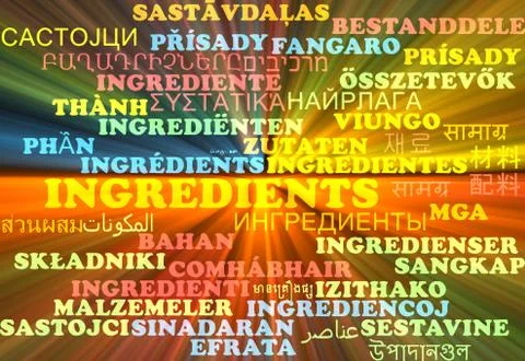 Ingredients multilanguage wordcloud background concept glowing Illustrazione stock