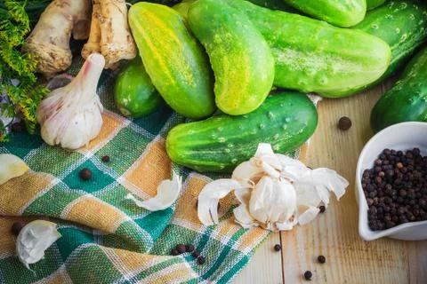 Ingredients preparation pickled cucumbers Stock Photos